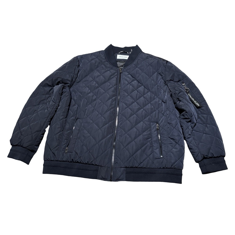 Calvin Klein Men's Quilted Full Zip Bomber Jacket Navy Zip Pocket Logo Size XXL